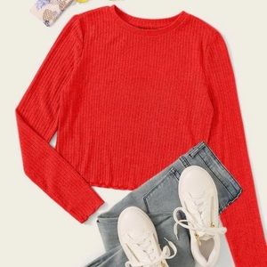 SHEIN Lettuce Edge Rib-Knit Red Tee